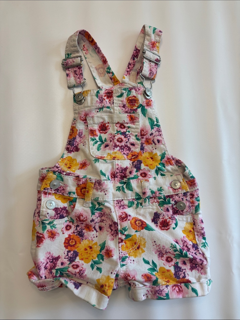 Floral Print Girls' Short Overalls - White with Yellow & Pink Flowers 2T